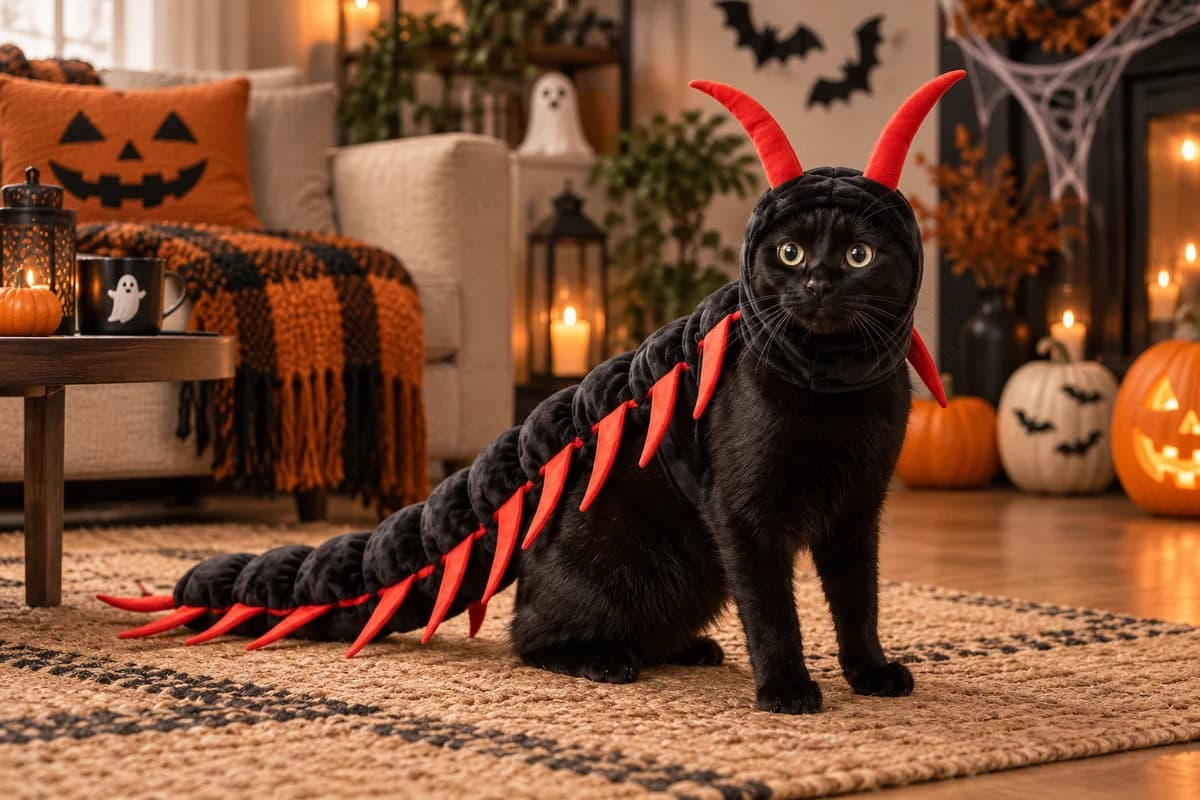 Black cat in the Kittipede centipede costume in a Halloween-decorated living room