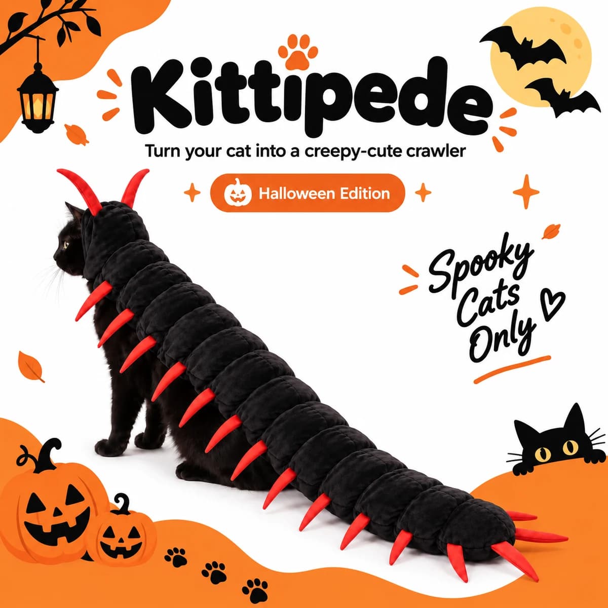 Black cat wearing the Kittipede centipede Halloween costume, side view